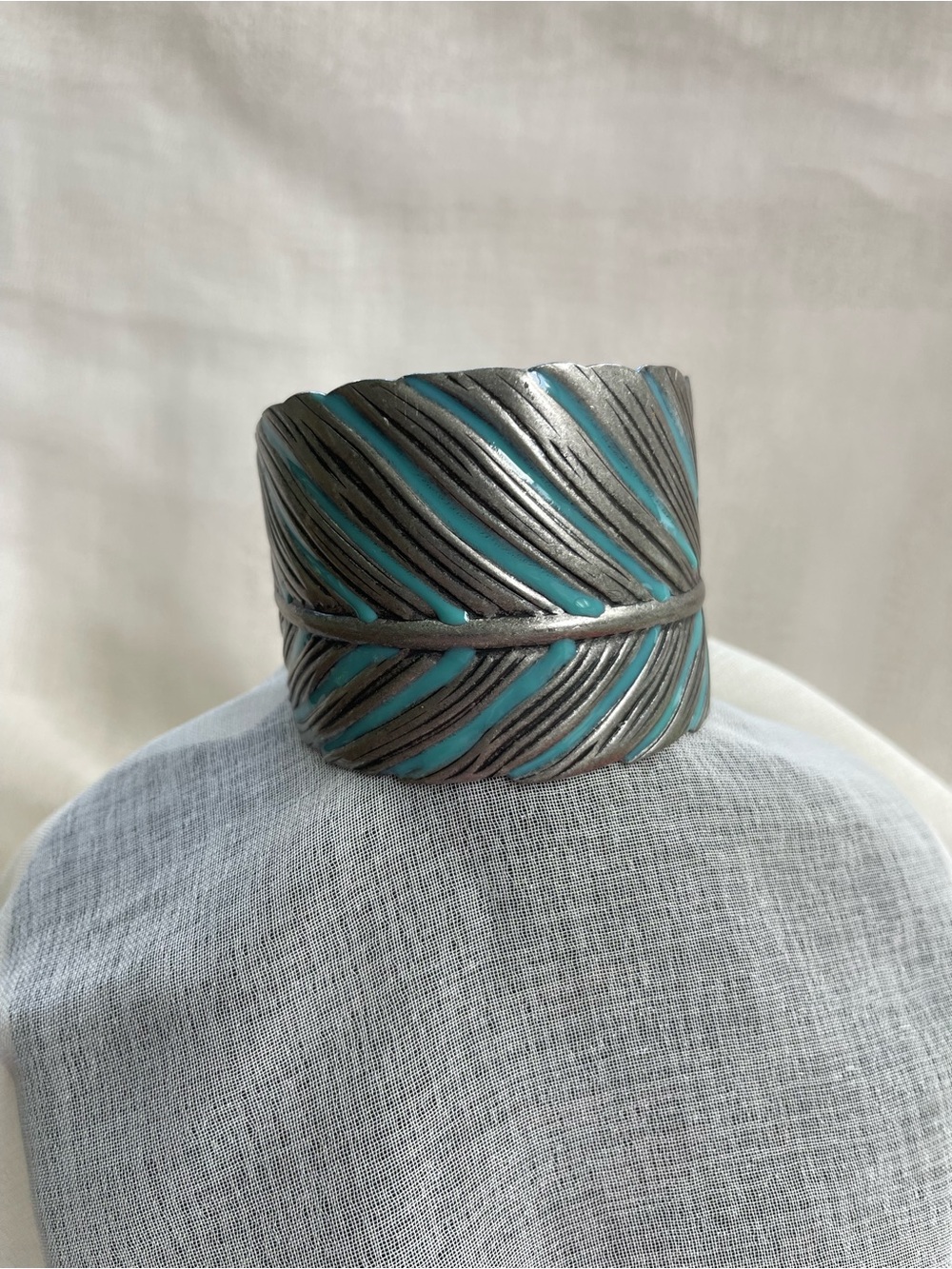 Turquoise-Accented Silver-tone Feather Cuff Bracelet